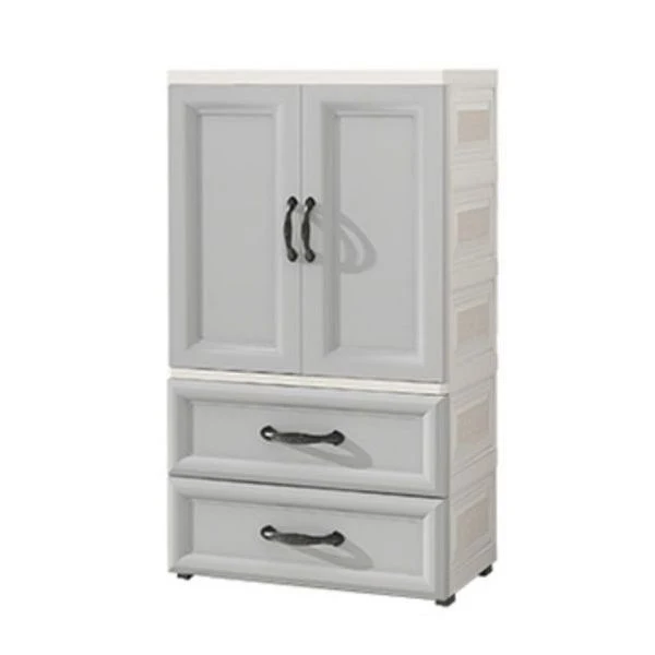 Armario guardarropa moderno blanco de 2 puertas con cajones Armario de plástico Gris Clearhalo