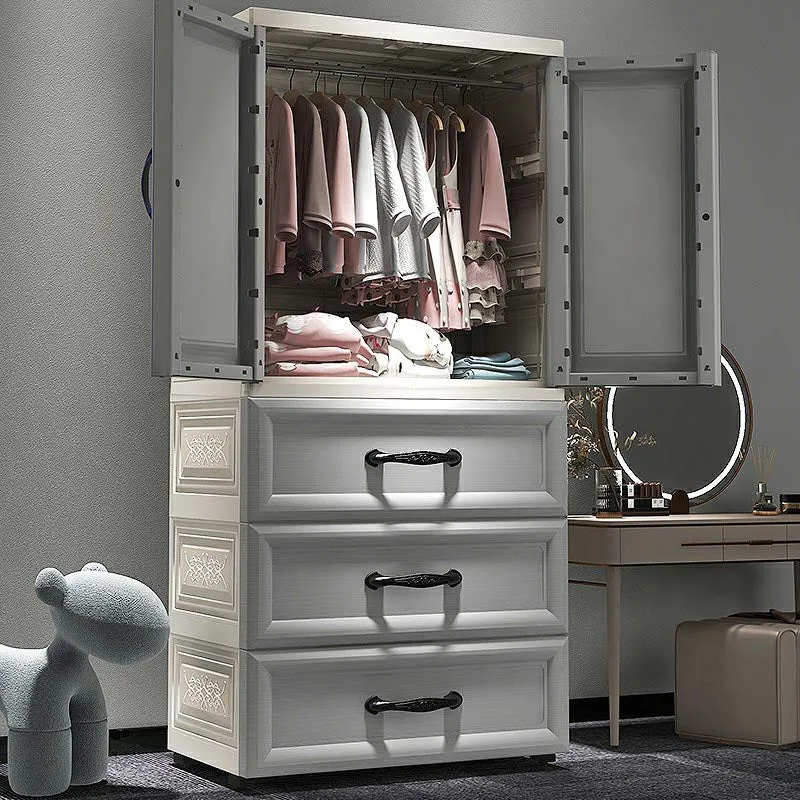 Armario guardarropa moderno blanco de 2 puertas con cajones Armario de plástico Gris Clearhalo