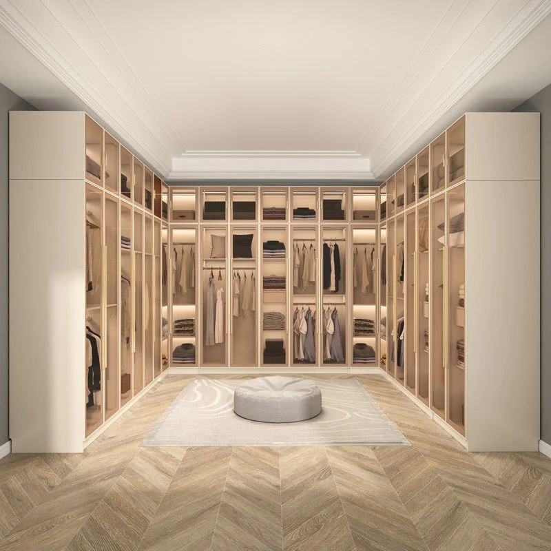 Armario guardarropa de vidrio y madera con estantes Armario guardarropa moderno Clearhalo