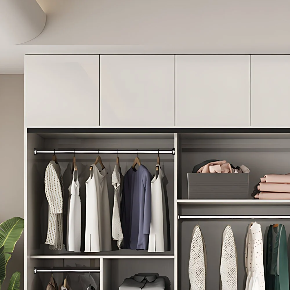 Armario de madera de color blanco con varilla de tela, armario empotrado con estantes Clearhalo