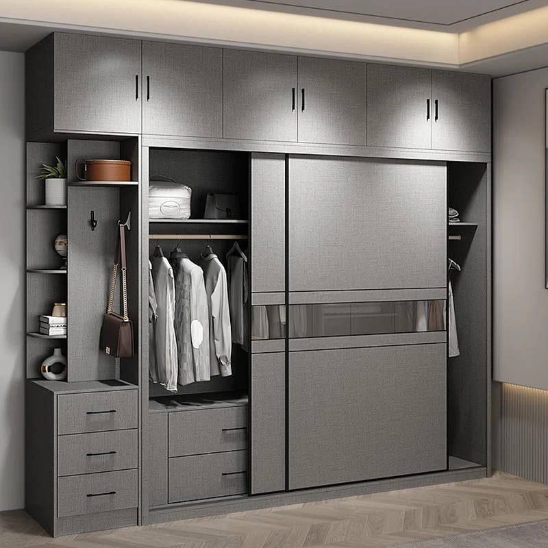 Armario de madera contemporáneo Armario guardarropa de color gris con puerta corredera Clearhalo