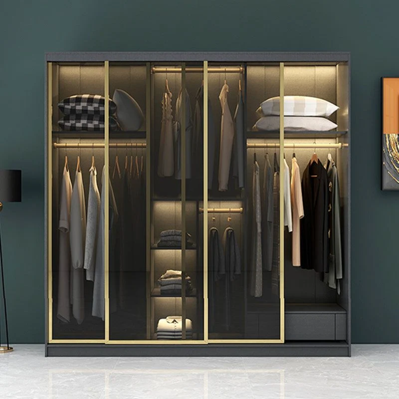 Armario moderno con puertas corredizas para dormitorio, armario negro con puertas de cristal Clearhalo