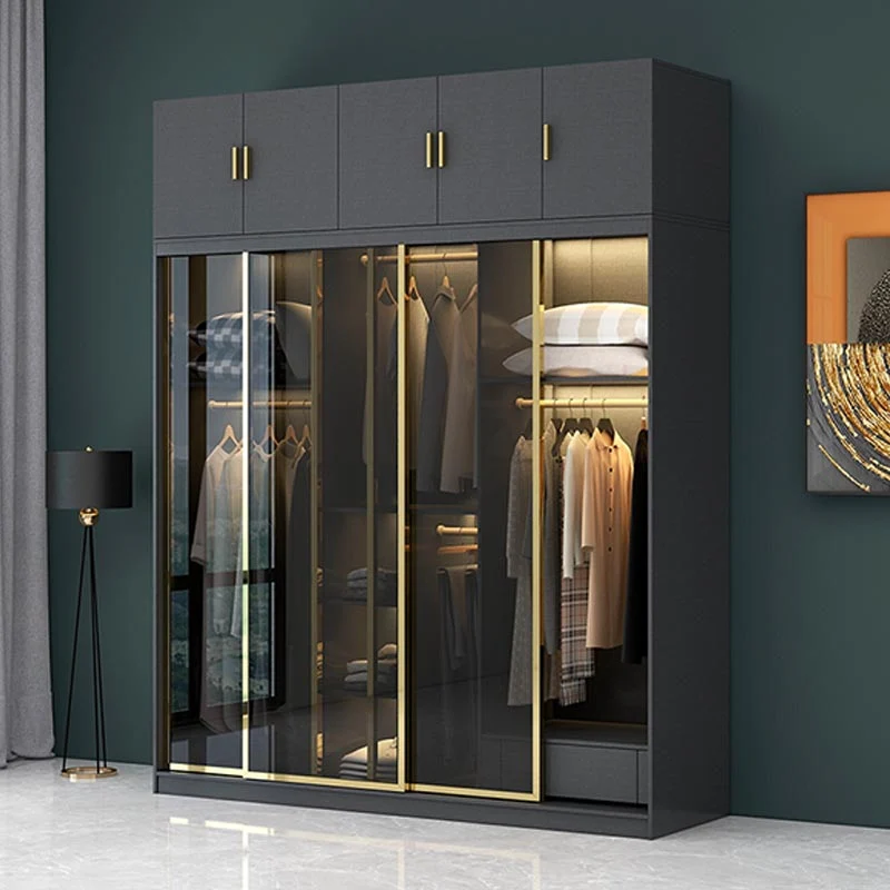 Armario moderno con puertas corredizas para dormitorio, armario negro con puertas de cristal Clearhalo