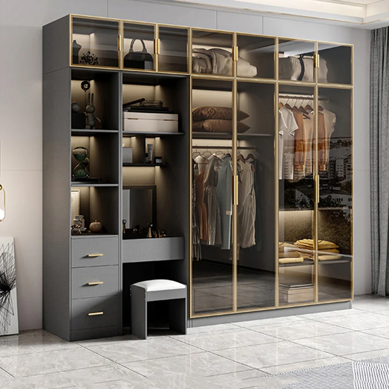 Armario de vidrio y madera Armario Armario guardarropa contemporáneo Clearhalo