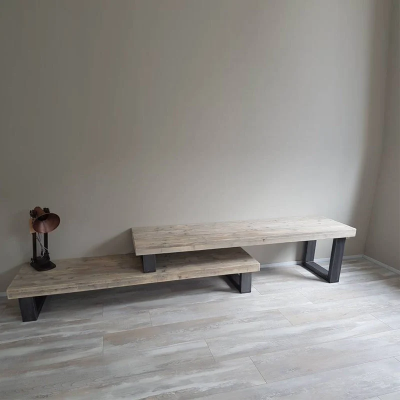 Consola de TV de almacenamiento abierto de estilo industrial con soporte para TV de 17,75 pulgadas de alto con 2 estantes...
