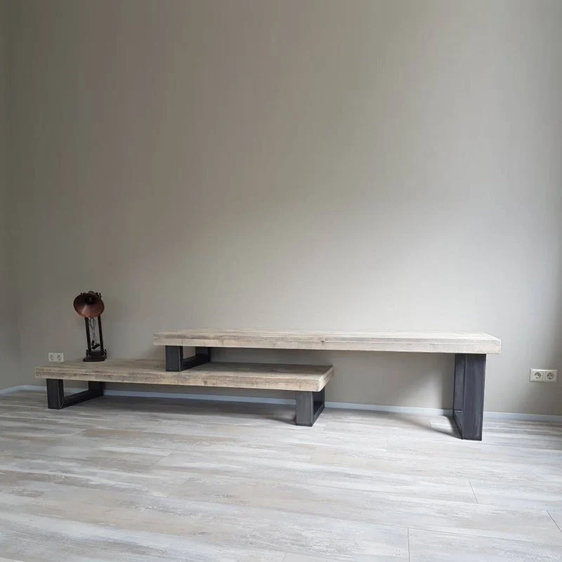 Consola de TV de almacenamiento abierto de estilo industrial con soporte para TV de 17,75 pulgadas de alto con 2 estantes...