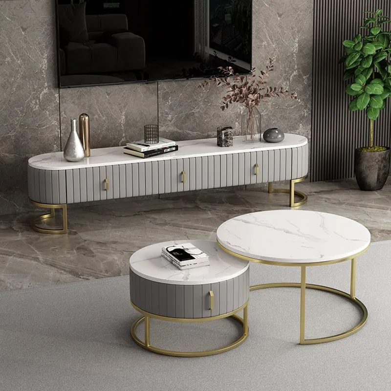 Consola de almacenamiento cerrada con soporte para TV de piedra escandinava con 3 cajones Gris Clearhalo