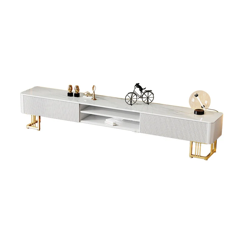 Consola de TV con almacenamiento abierto y 2 cajones, mueble para TV de piedra estilo Glam Clearhalo