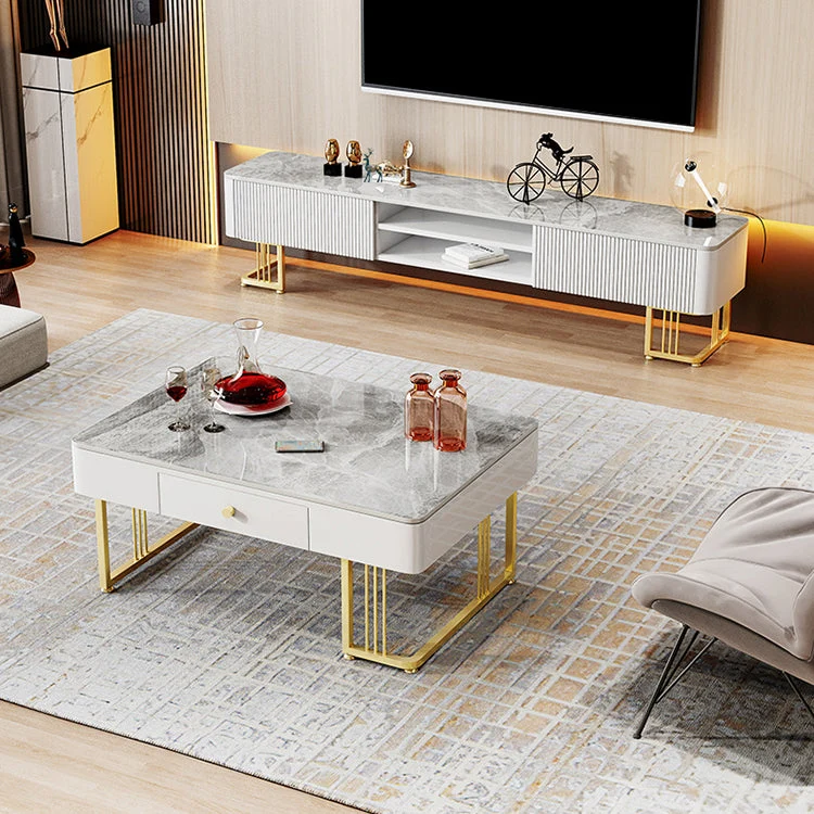 Consola de TV con almacenamiento abierto y 2 cajones, mueble para TV de piedra estilo Glam Clearhalo