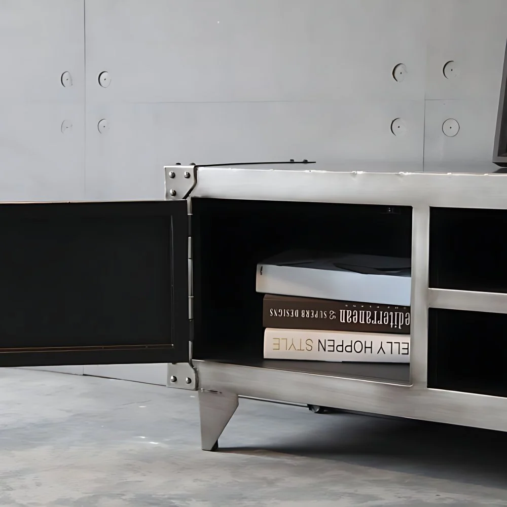 Consola de TV gris de estilo industrial con soporte para TV de 17,72 pulgadas de alto con 2 puertas para sala de estar Cle...