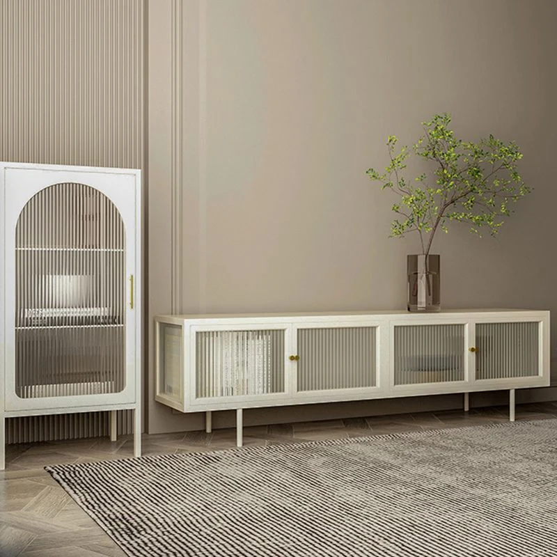 Consola de TV de metal para el hogar Mueble de TV rectangular industrial con puertas de vidrio Negro Clearhalo