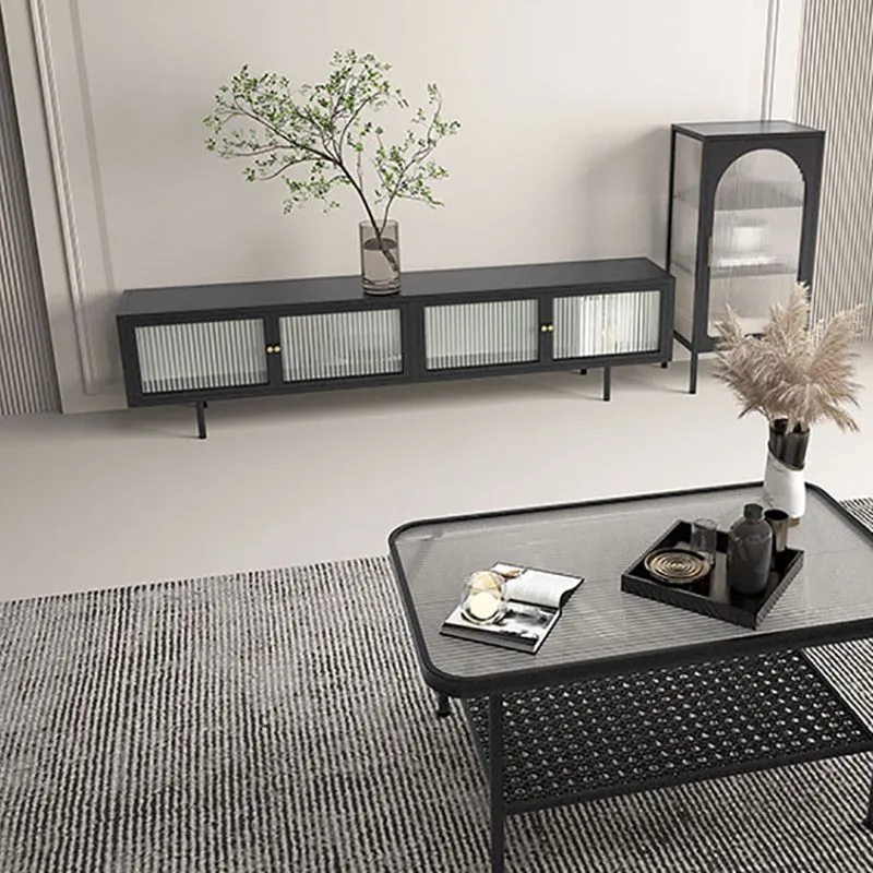 Consola de TV de metal para el hogar Mueble de TV rectangular industrial con puertas de vidrio Negro Clearhalo