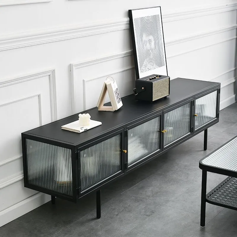 Consola de TV de metal para el hogar Mueble de TV rectangular industrial con puertas de vidrio Negro Clearhalo