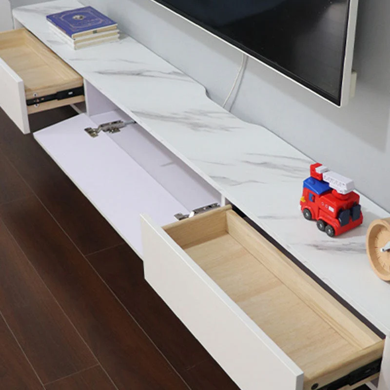Consola de TV montada en la pared con soporte de madera moderno para TV con cajones y puertas, 9,5" D X 7" H Blanco Clearhalo