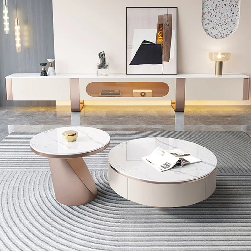 Consola de mueble para TV con tapa de piedra de estilo moderno, color blanco, con 2 cajones Clearhalo