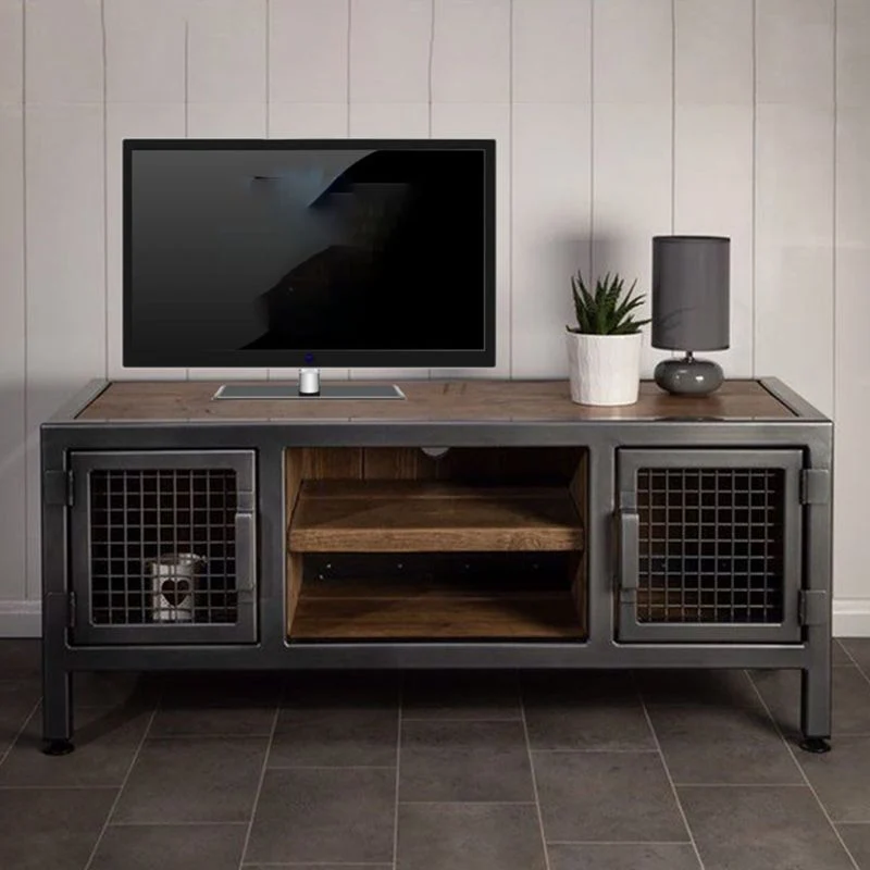 Consola multimedia industrial con tapa de madera de pino marrón para TV con almacenamiento abierto Clearhalo