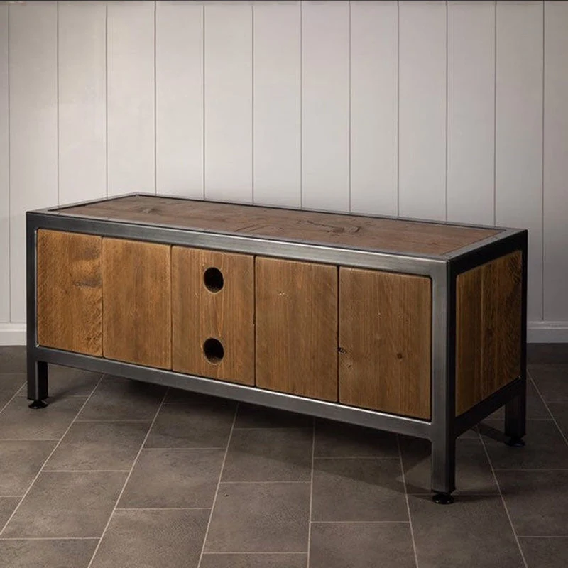 Consola multimedia industrial con tapa de madera de pino marrón para TV con almacenamiento abierto Clearhalo