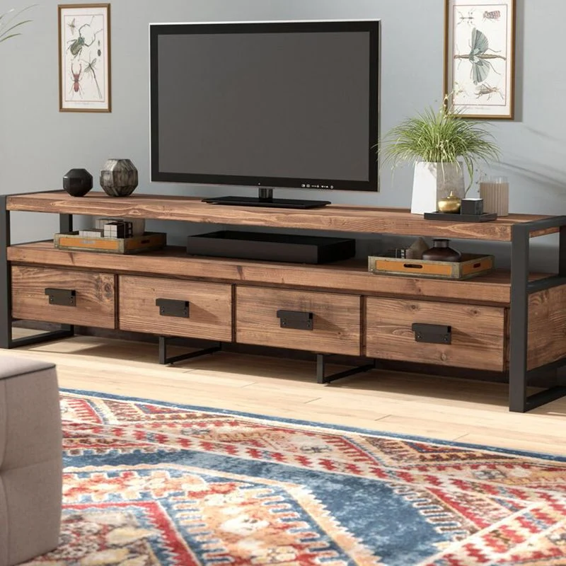 Consola multimedia marrón con estantes Soporte industrial para TV con tapa de madera de pino Clearhalo