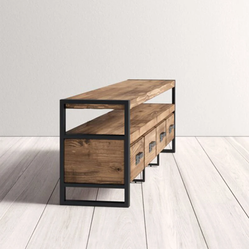 Consola multimedia marrón con estantes Soporte industrial para TV con tapa de madera de pino Clearhalo