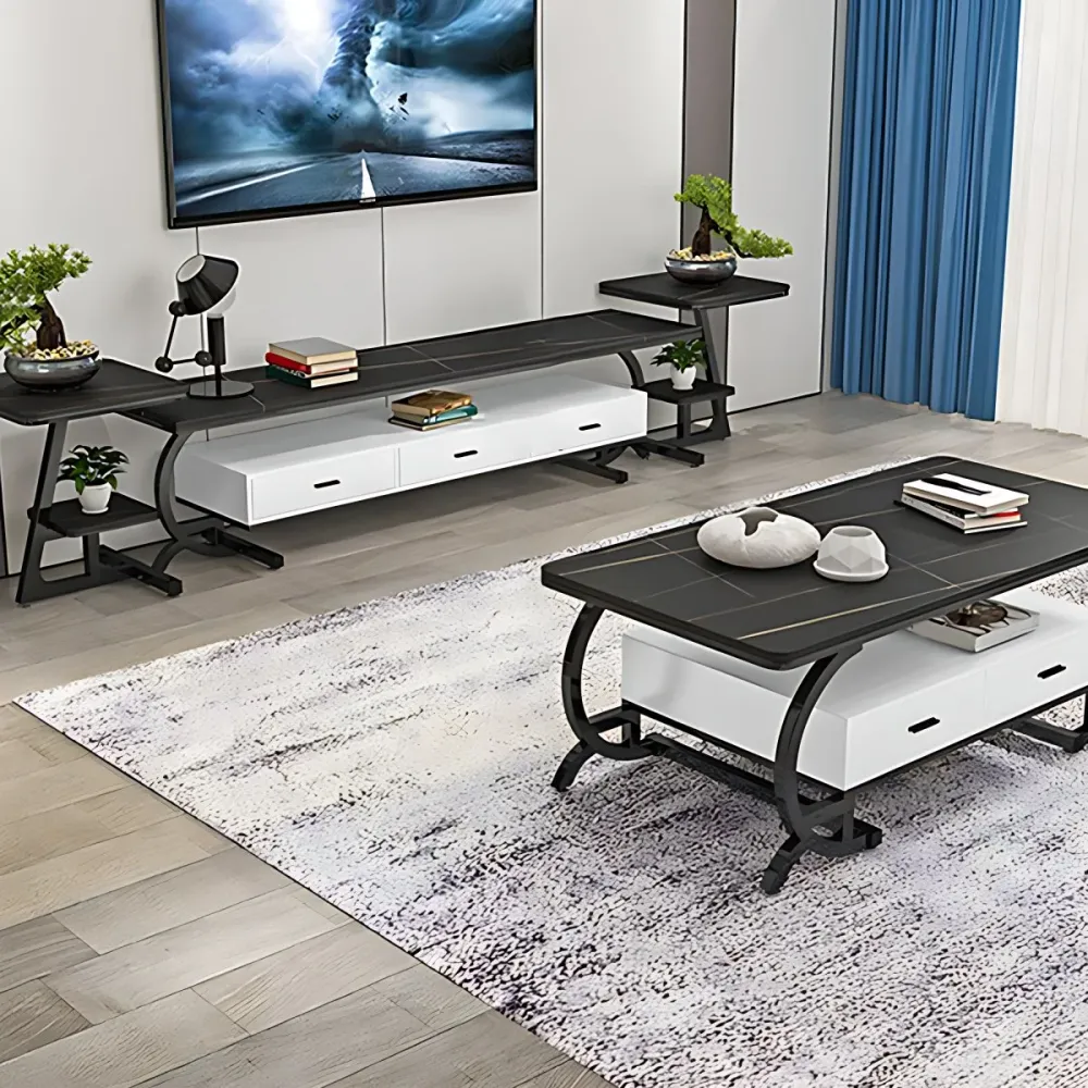 Consola multimedia para TV con tapa de pizarra Glam, consola metálica con soporte de 3 cajones Gris Clearhalo