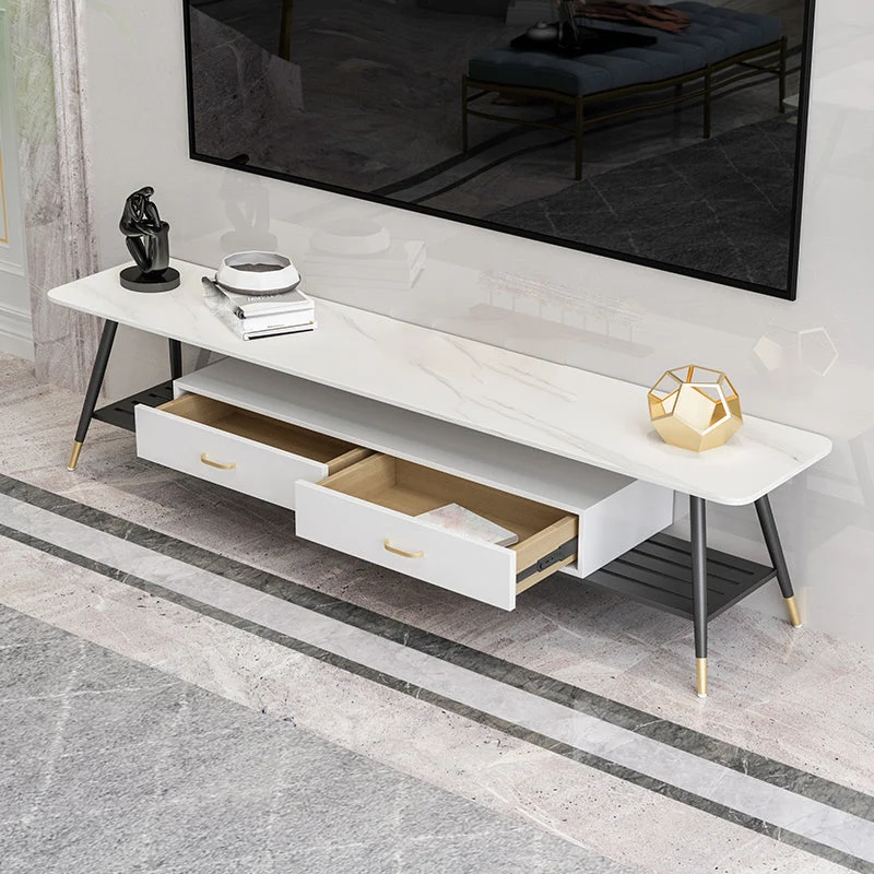 Consola multimedia para TV de piedra y metal, consola moderna con soporte para TV y cajones Blanco Clearhalo