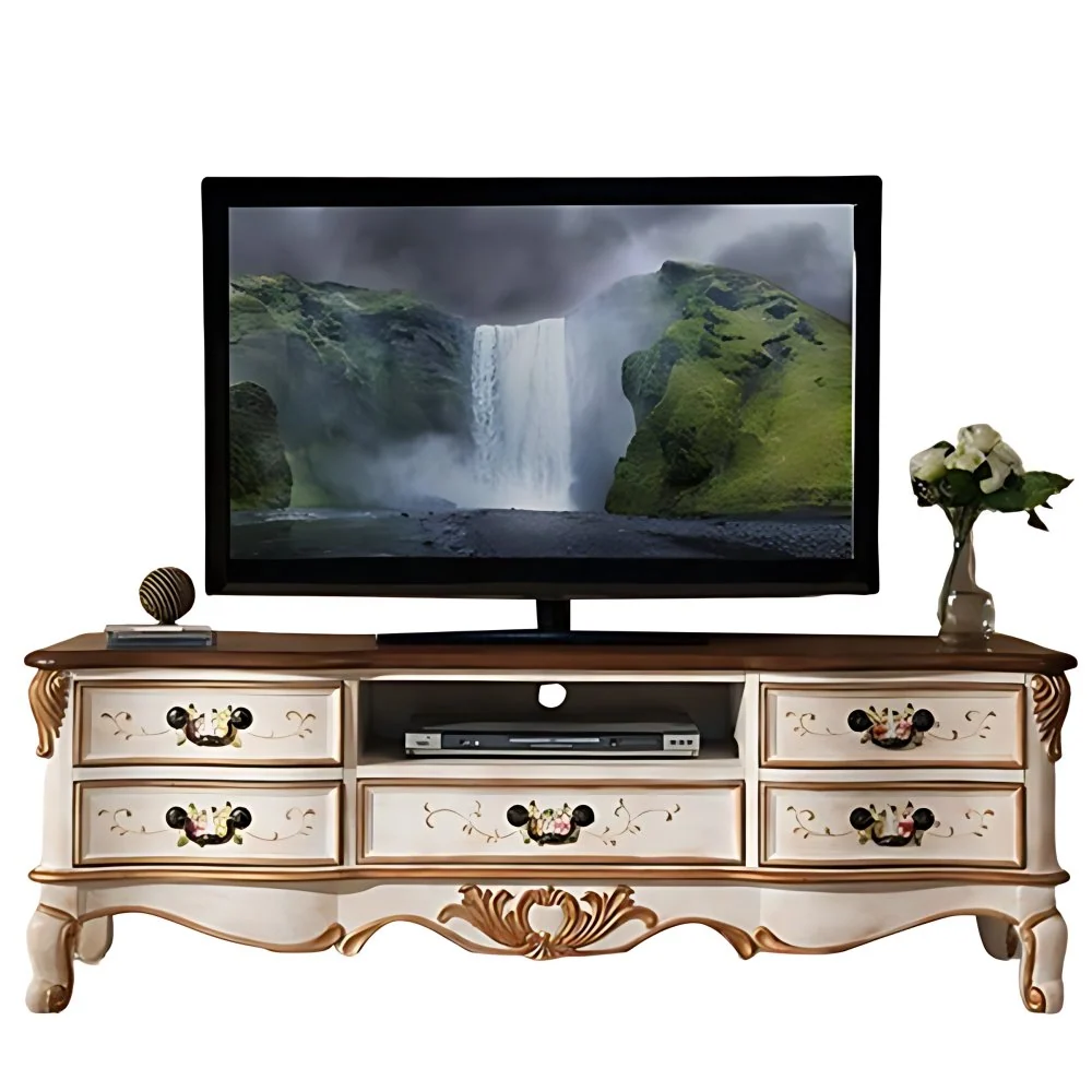 Consola multimedia vintage de madera de abedul con acabado mate, soporte multimedia para TV con cajones y almacenamiento a...