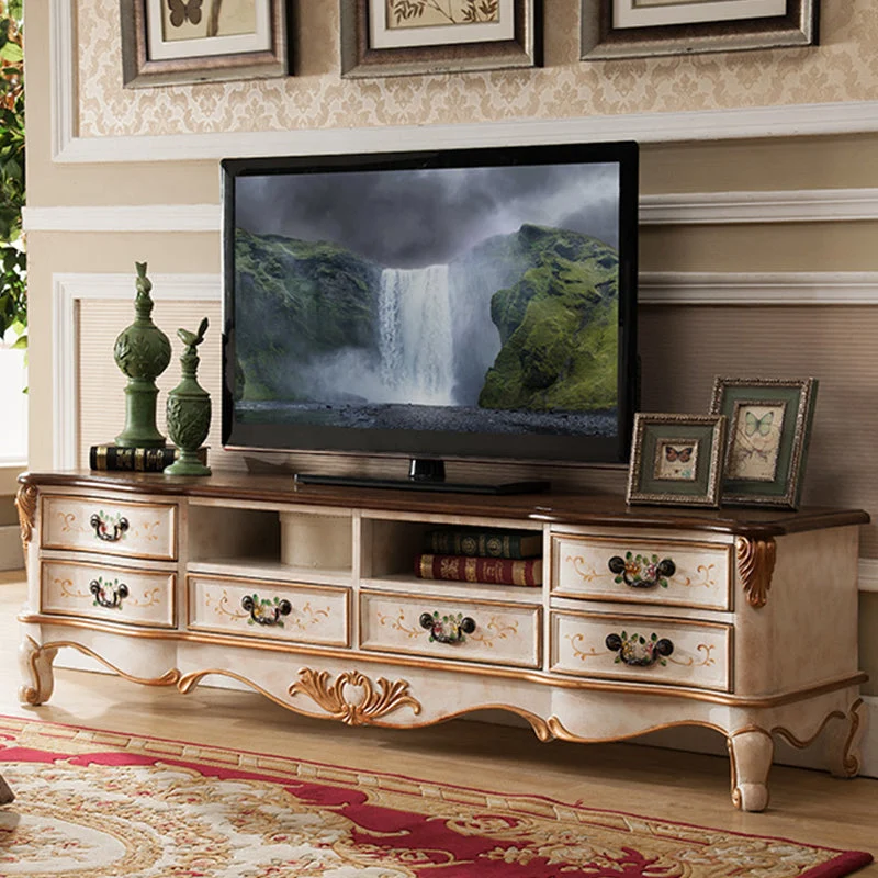 Consola multimedia vintage de madera de abedul con acabado mate, soporte multimedia para TV con cajones y almacenamiento a...