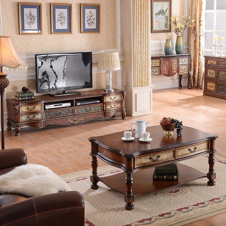 Consola multimedia vintage de madera de abedul con acabado mate, soporte multimedia para TV con cajones y almacenamiento a...