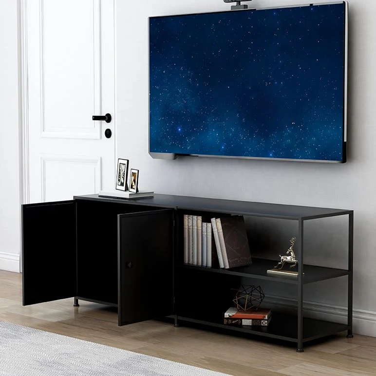 Consola de soporte de TV de almacenamiento abierto de soporte de TV de metal industrial con estanterí abierta Negro Clearhalo