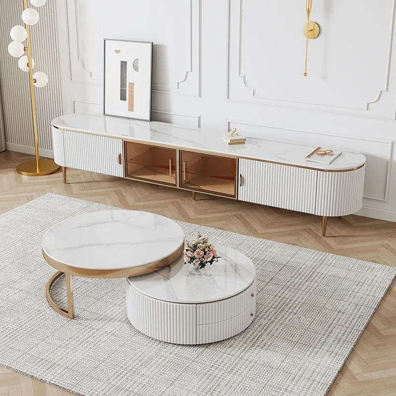 Consola de soporte para TV blanca ovalada Glam con estantes para sala de estar Clearhalo