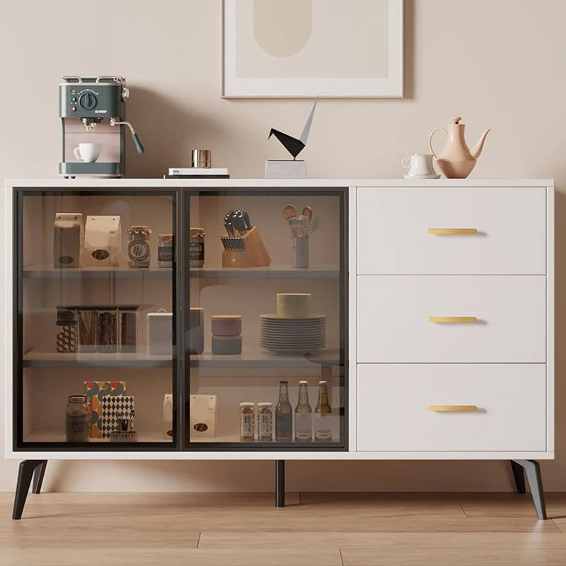Credenza de madera Servidor con puertas de vidrio estilo moderno con gabinetes y cajones Blanco Clearhalo