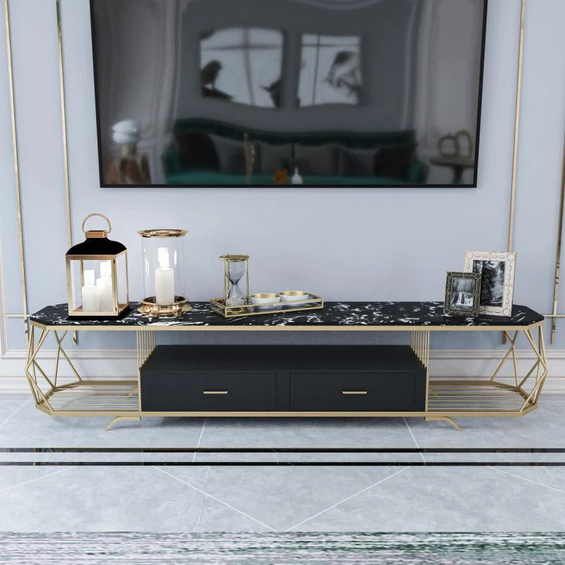 Estanterí abierta de lujo, soporte para TV, mueble de TV de metal para el hogar con cajones Negro Clearhalo