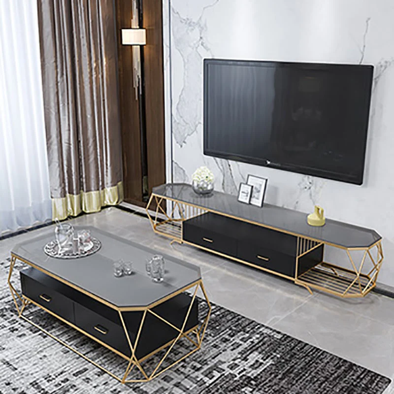 Estanterí abierta de lujo, soporte para TV, mueble de TV de metal para el hogar con cajones Negro Clearhalo