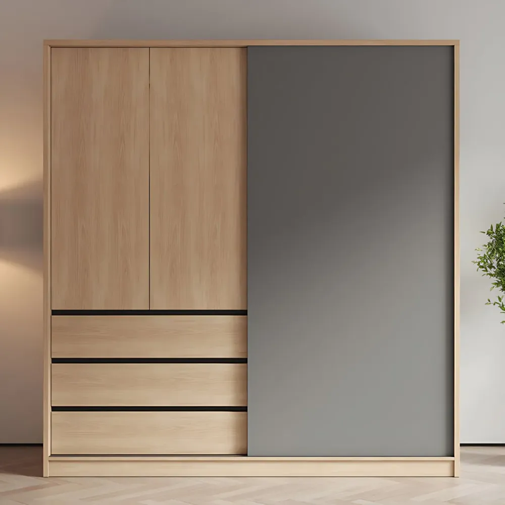 Gabinete de almacenamiento con puerta corrediza para dormitorio, gabinete moderno con acabado de madera clara y cajones Cl...