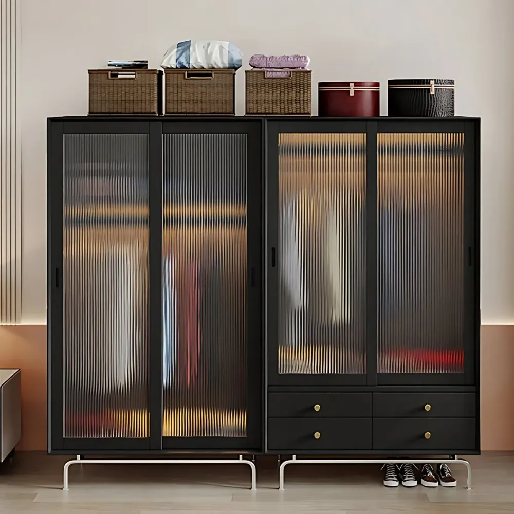 Gabinete de almacenamiento negro de madera de pino Gabinete moderno con puertas de vidrio Negro Clearhalo