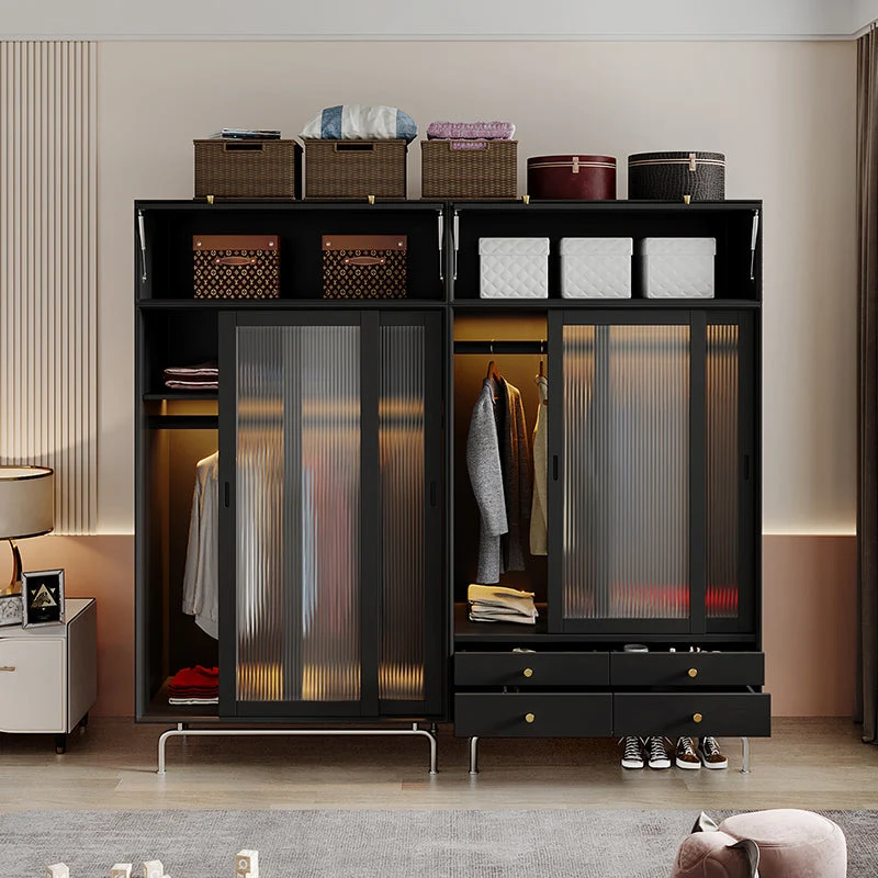 Gabinete de almacenamiento negro de madera de pino Gabinete moderno con puertas de vidrio Negro Clearhalo