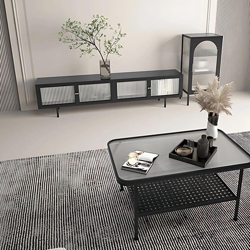 Gabinete de TV doméstico industrial con almacenamiento de TV cerrado de metal con puertas de vidrio Negro Clearhalo