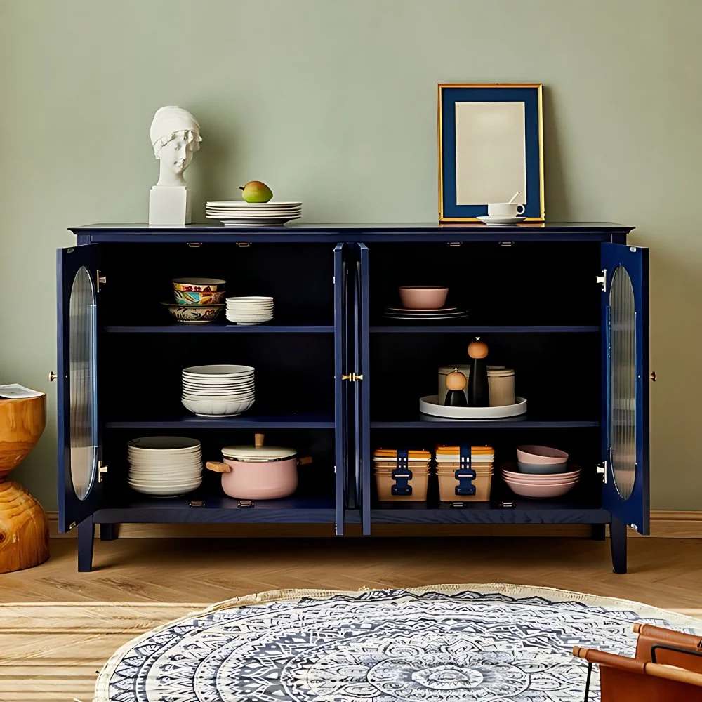 Gabinete de madera de pino para sala de estar, aparador moderno con almacenamiento y puerta de vidrio Azul Clearhalo