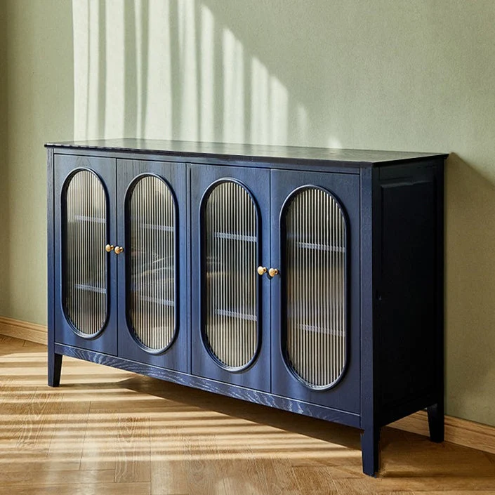 Gabinete de madera de pino para sala de estar, aparador moderno con almacenamiento y puerta de vidrio Azul Clearhalo