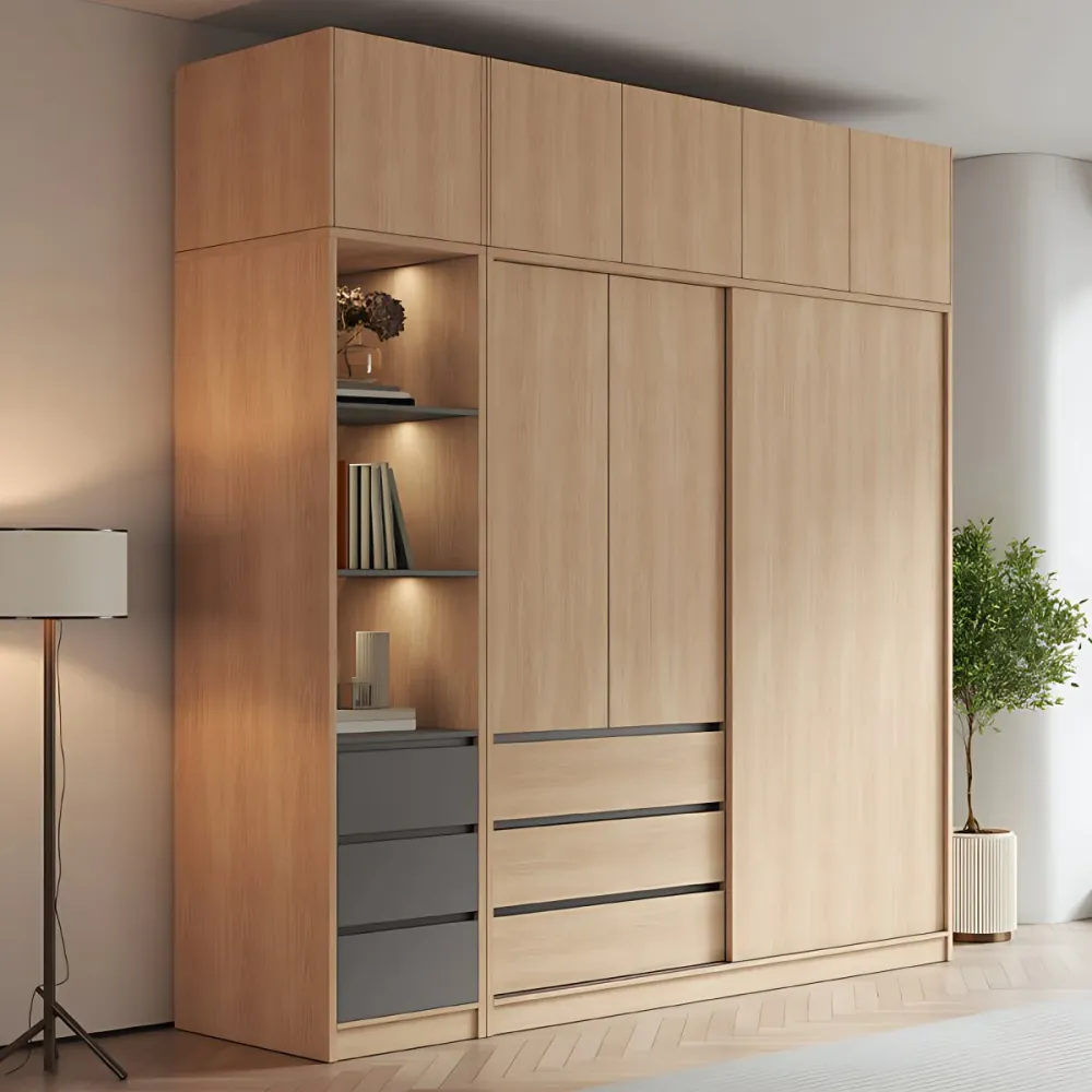 Gabinete moderno con acabado en madera clara y cajones Gabinete de almacenamiento de madera fabricada Clearhalo