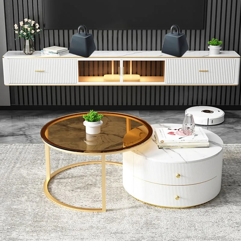Gabinete de TV rectangular para el hogar de lujo con almacenamiento de TV incluido de piedra sinterizada Blanco Clearhalo