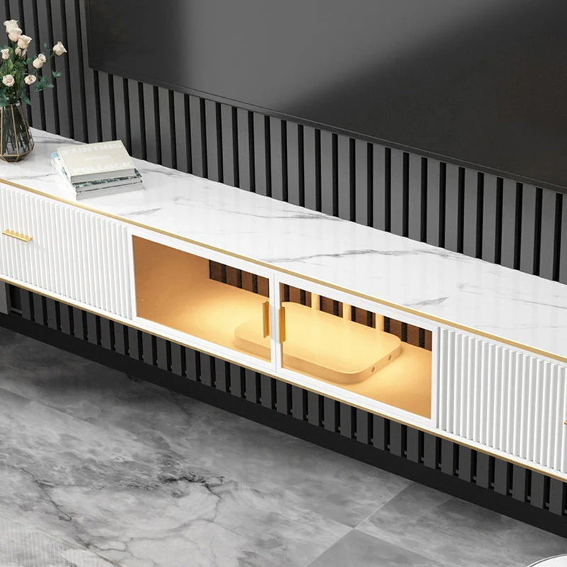 Gabinete de TV rectangular para el hogar de lujo con almacenamiento de TV incluido de piedra sinterizada Blanco Clearhalo