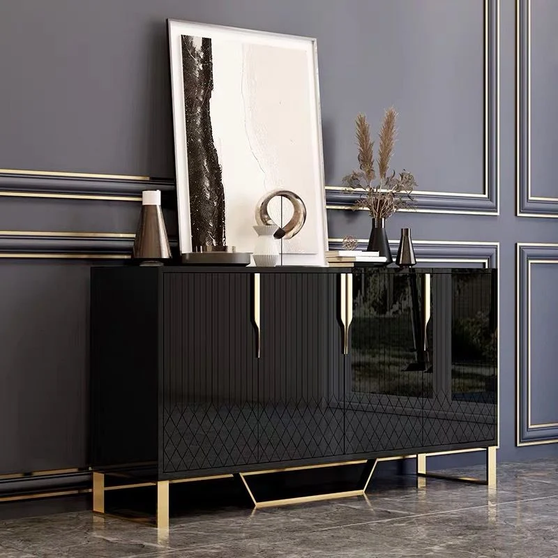 Gabinetes aparador Glam Buffet con espejos de 4 puertas para comedor Buffet Negro Clearhalo