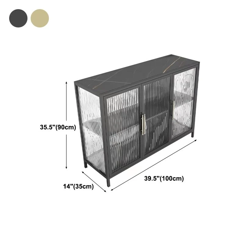 Gabinetes de hierro Glam, aparador, puertas de vidrio, servidor con encimera de piedra para sala de estar Negro Clearhalo