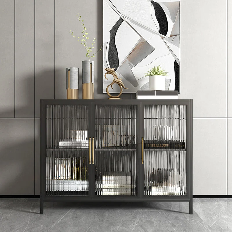 Gabinetes de hierro Glam, aparador, puertas de vidrio, servidor con encimera de piedra para sala de estar Negro Clearhalo