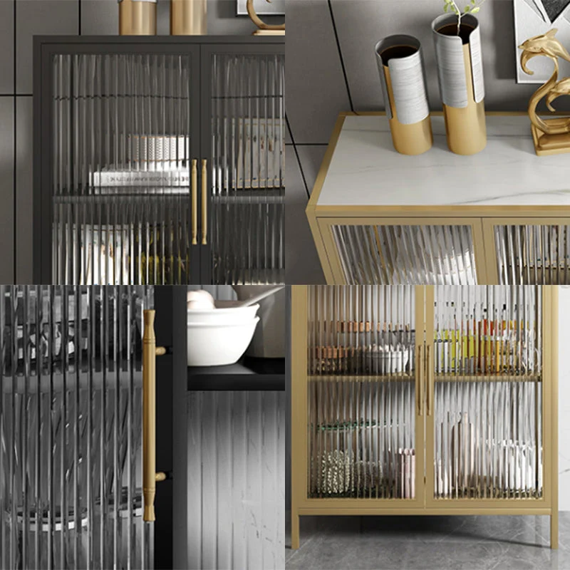 Gabinetes de hierro Glam, aparador, puertas de vidrio, servidor con encimera de piedra para sala de estar Negro Clearhalo