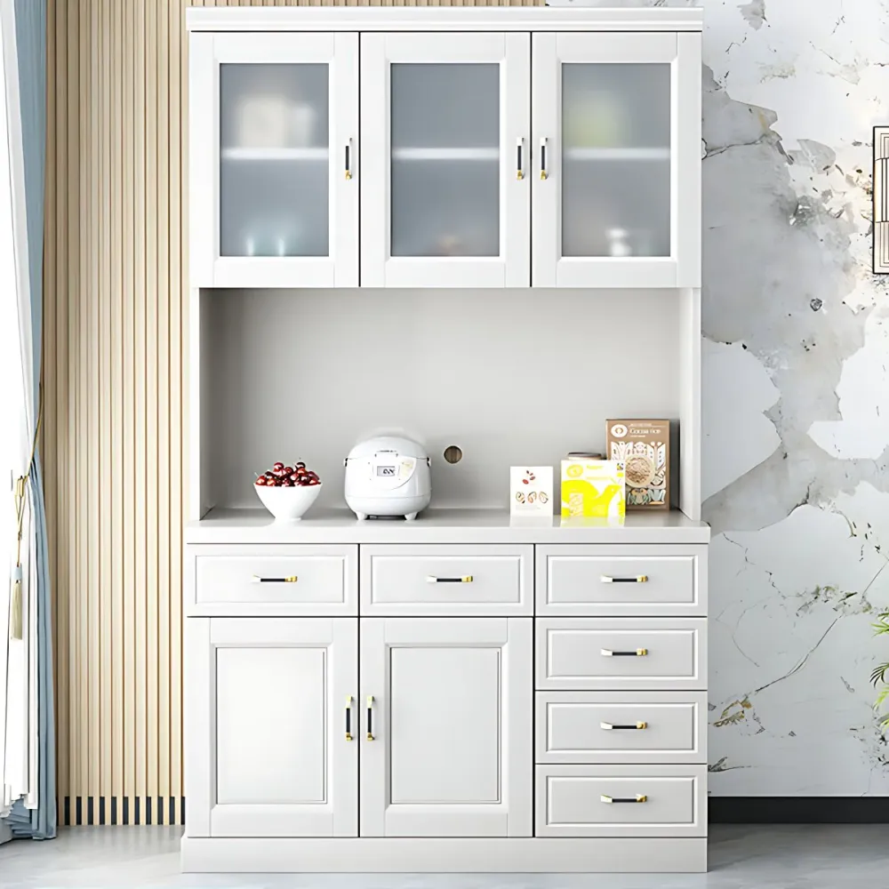 Mesa auxiliar de madera maciza, servidor de comedor contemporáneo con puertas de vidrio Gris Clearhalo