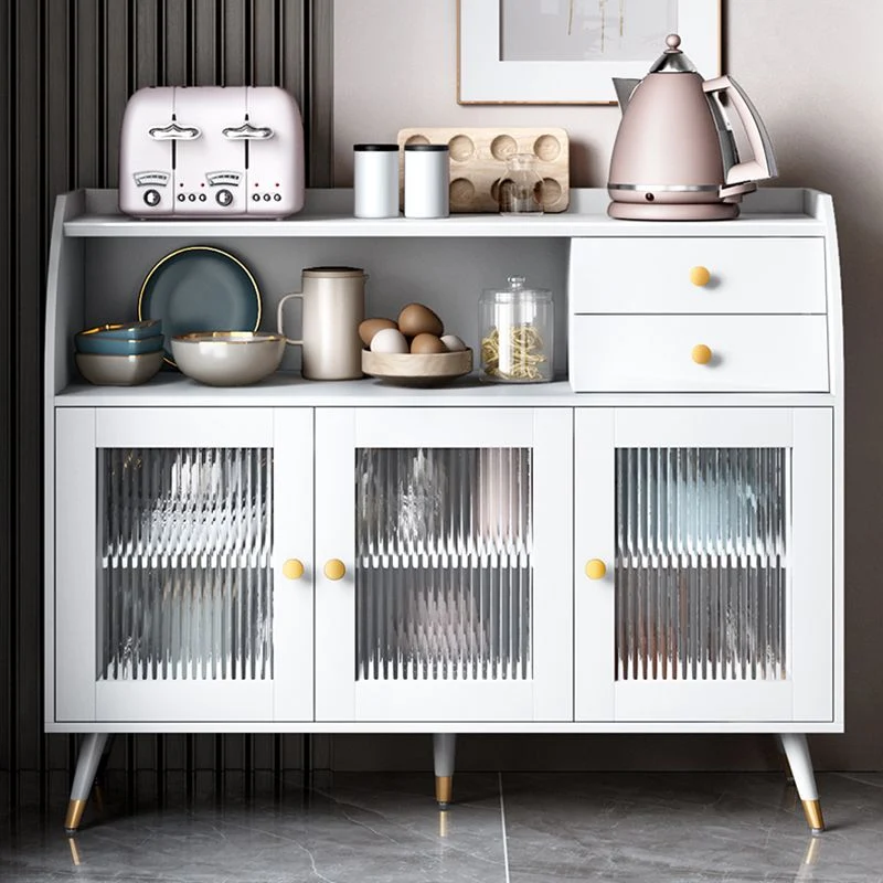 Mesa buffet estilo Glam, tablero auxiliar de madera con gabinetes y cajones Blanco Clearhalo