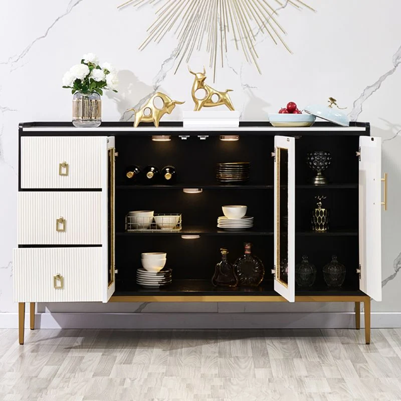 Mesa buffet estilo Glam, tablero auxiliar de mármol sintético con gabinetes y cajones Blanco Clearhalo