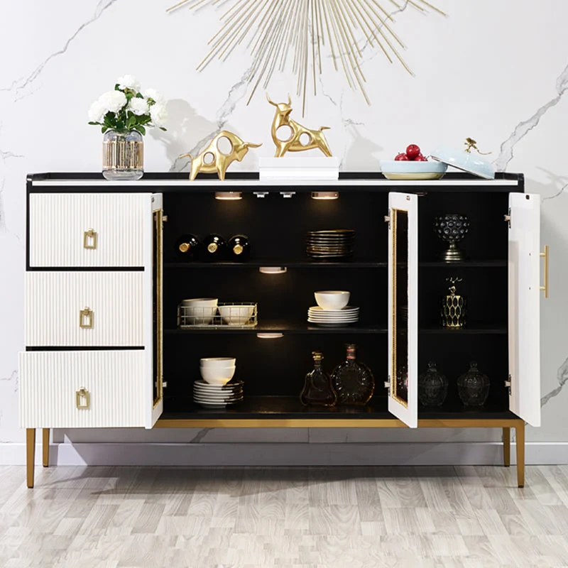 Mesa buffet estilo Glam, tablero auxiliar de mármol sintético con gabinetes y cajones Blanco Clearhalo